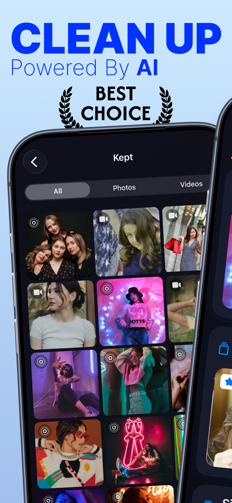 ClearMind:Photo Boost Cleaner - Interfaz de la app ClearMind mostrando una galería de fotos y videos conservados potenciada por IA
