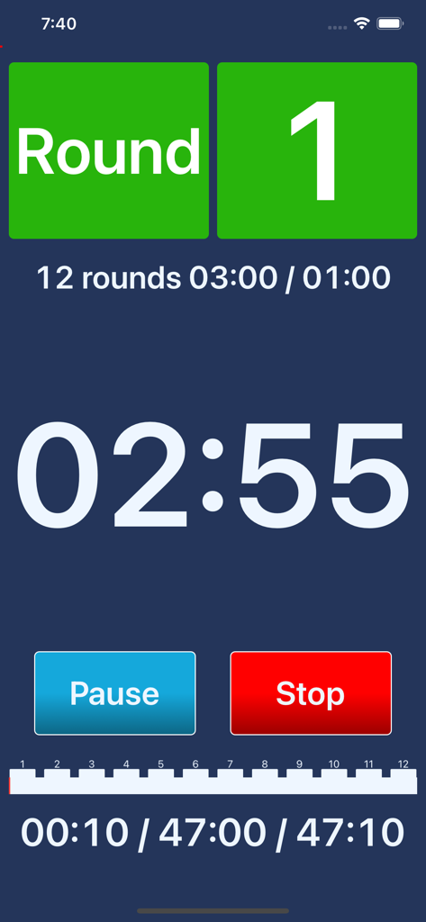 Boxing iTimer Lite - Boxing iTimer Lite app interface showing the round one timer and workout progress