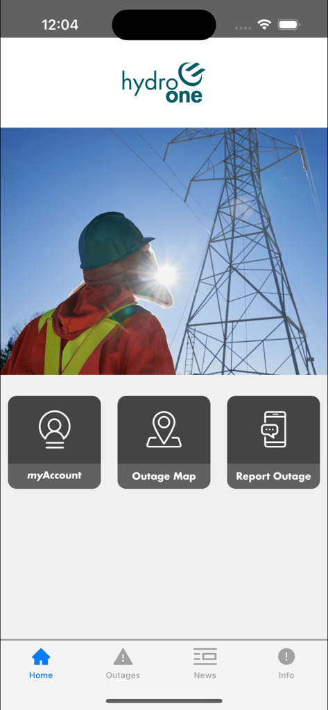 Hydro One Mobile - Home screen of the Hydro One Mobile app featuring shortcuts for myAccount Outage Map and Report Outage