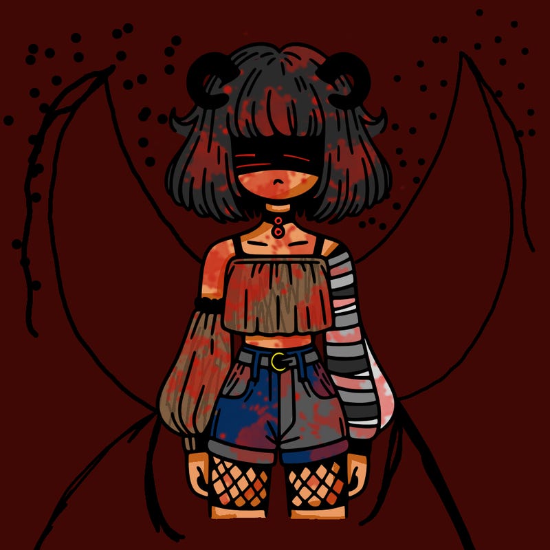 girl whith hair over there eyes small horns crop top one bandaged sleeve one long and striped sleeve shorts fish nets and short hair