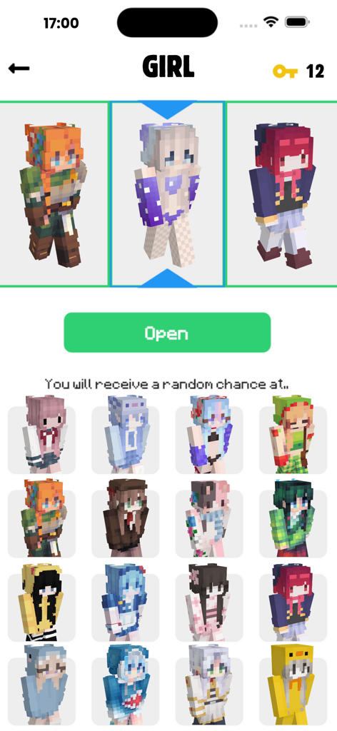 SkinCraft- Skins for Minecraft - Una variedad de skins de Minecraft para chicas mostradas en la interfaz de la app SkinCraft.