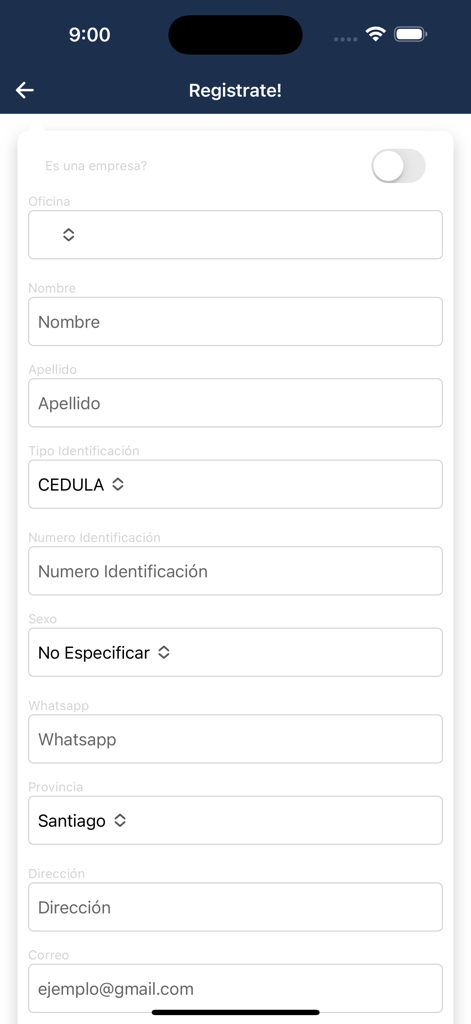 Benutzerregistrierungsformular für die Envios RD App mit Feldern für Name, Identifikationsnummer und Kontaktdaten auf Spanisch
