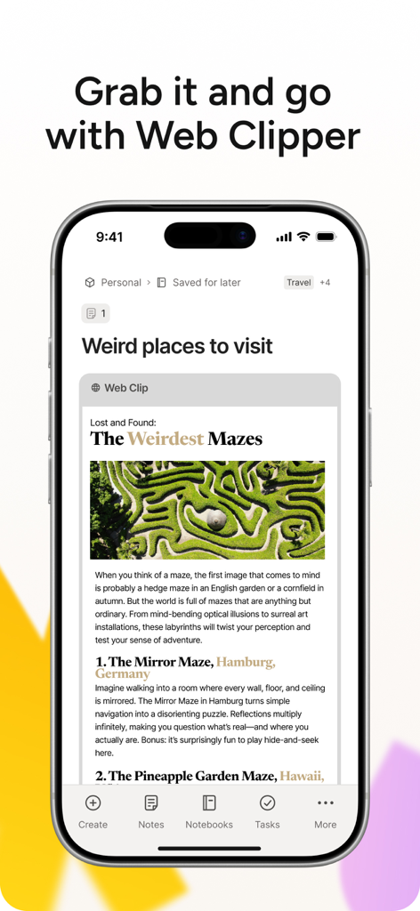 Evernote mobile app interface showing a web article about mazes saved with the Web Clipper feature.