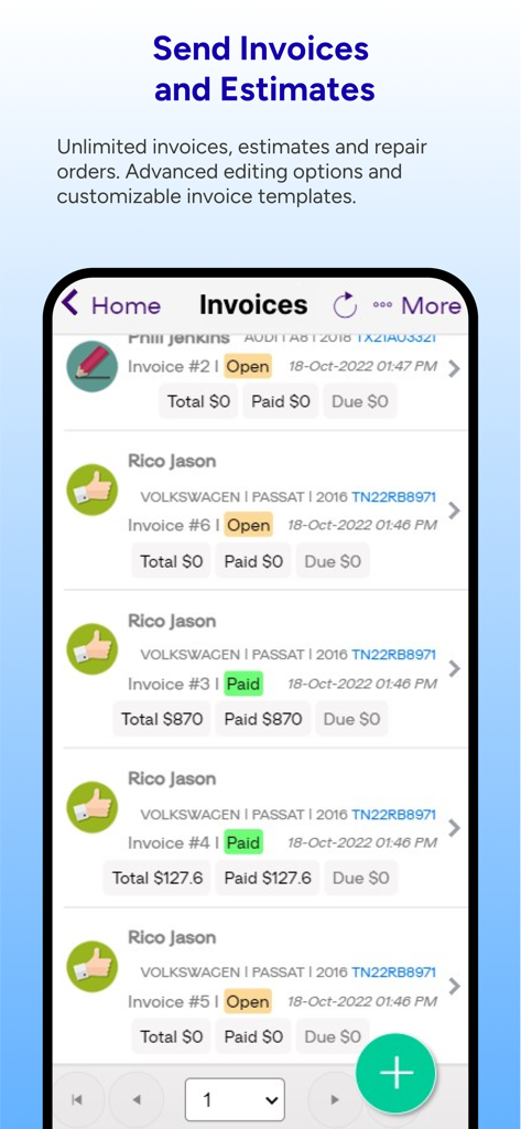 ARI (Auto Repair Software) - A mobile interface of the ARI auto repair software showing a list of client invoices with vehicle details and payment status.