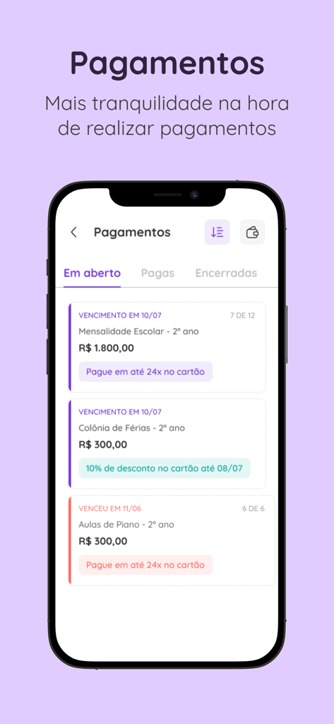 Agenda Edu mobile app screen displaying pending school payments and tuition fees