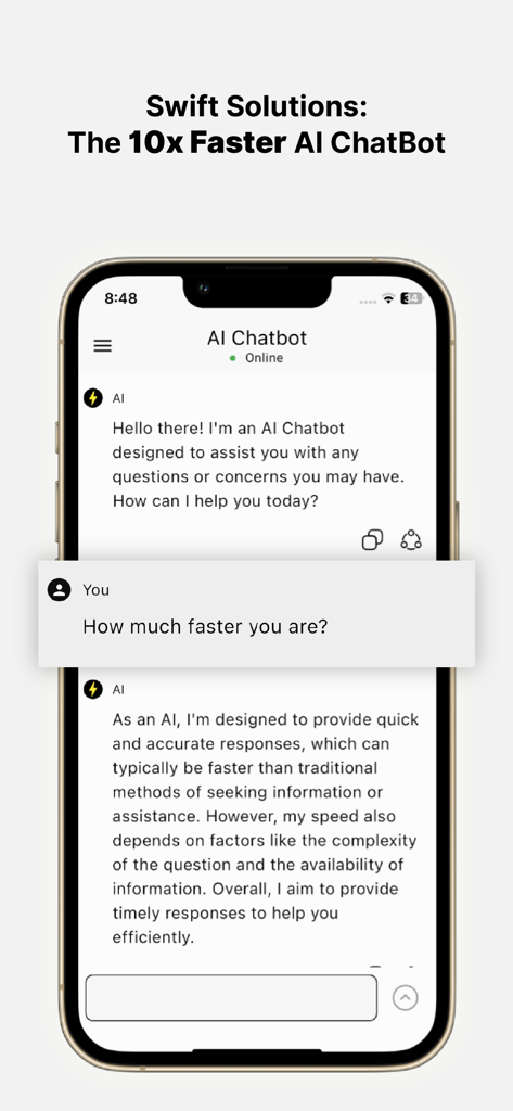 ChatBot Pro - Writer Assistant - Interface of ChatBot Pro showing a conversation with an AI assistant on an iPhone.
