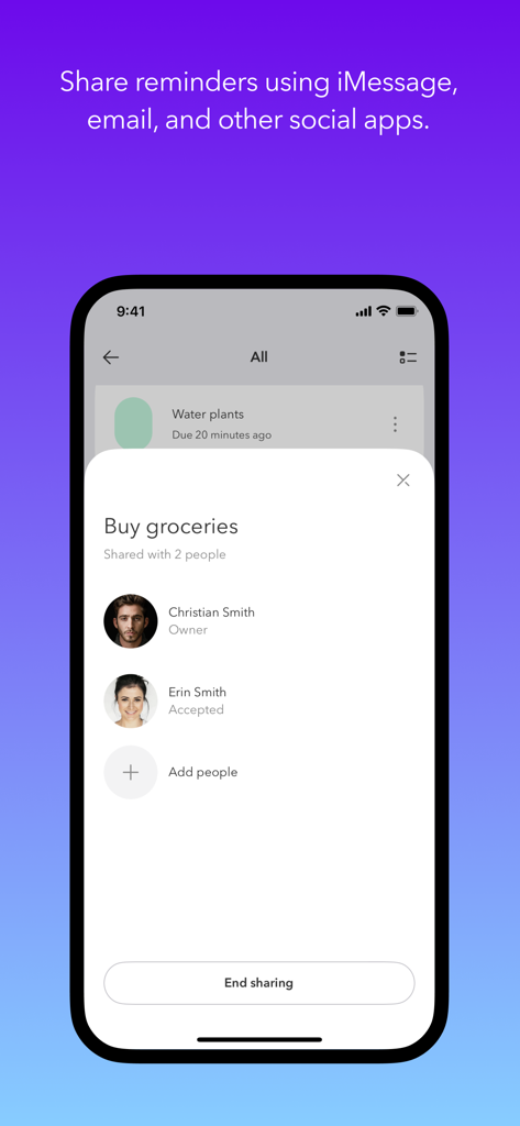 iPhone screen showing Doo app sharing reminders with contacts for a shared grocery list task.