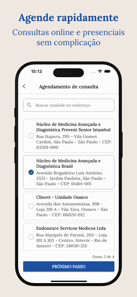 Interfaz de la app Prevent Senior que muestra la pantalla de agendamiento de citas con una lista de unidades médicas en Brasil