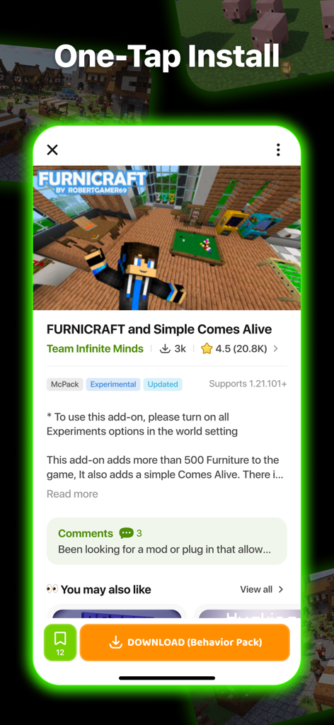 Addons for Minecraft app interface showing Furnicraft mod details and download button