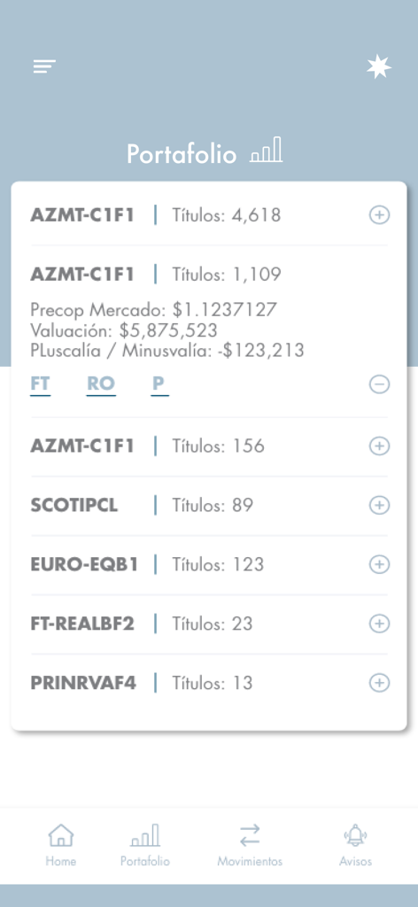 Azimut México - Portfolio-Bildschirm der Azimut Mexico App mit einer Liste von Anlagefonds und detaillierten Bewertungen