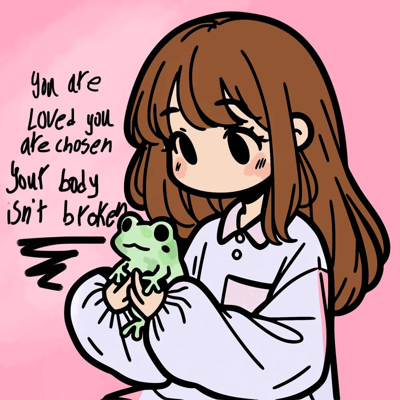 girl with long hair and a oversized shirt. and she is holding a frog