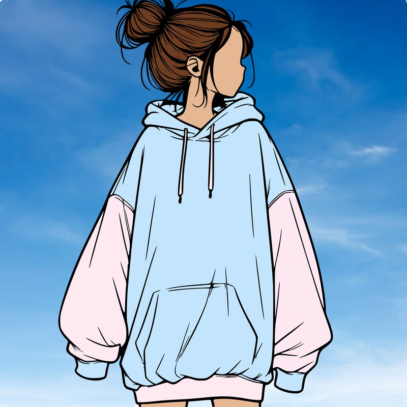 realistic girl with a oversized sweatshirt on and a bun