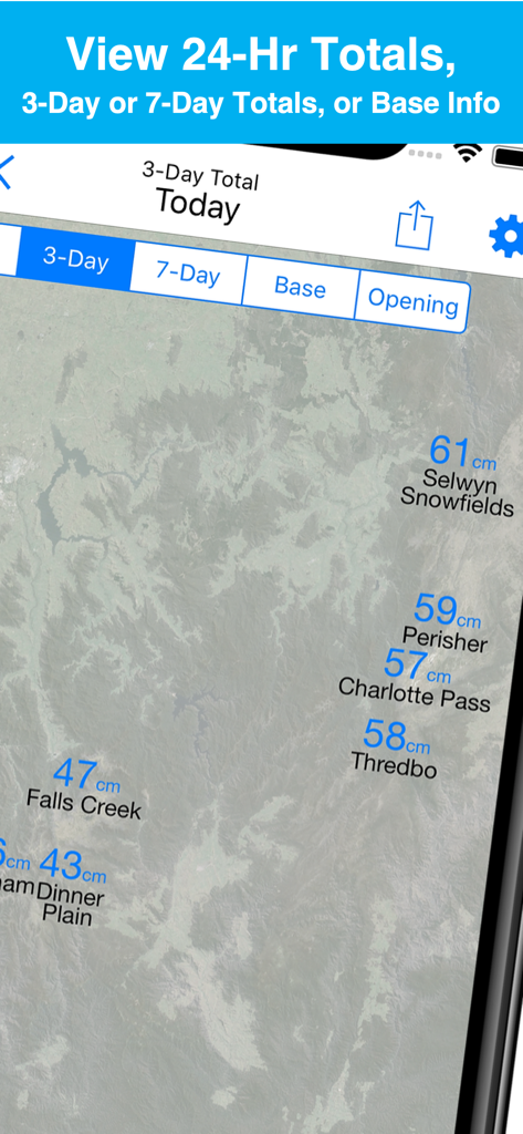 Australia Snow Map & Webcams - Map view showing 3-day snowfall totals for Australian ski resorts