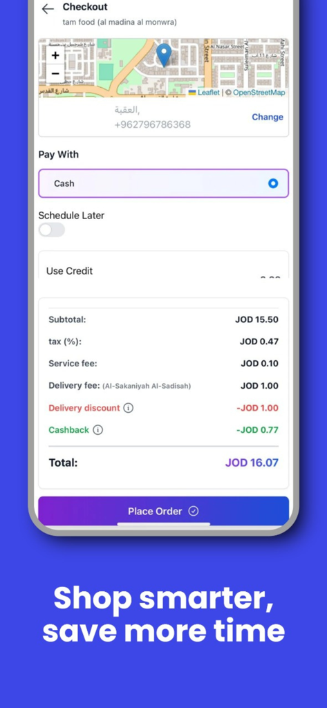 Tam: Food, Grocery & Box - A checkout screen of the Tam app showing the order summary and place order button