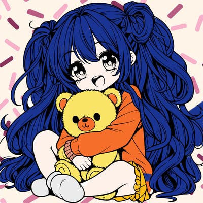 manga girl, long curly hair, happy, cuddling a teddy bear