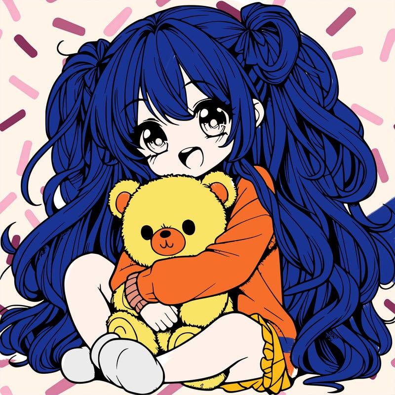 manga girl, long curly hair, happy, cuddling a teddy bear
