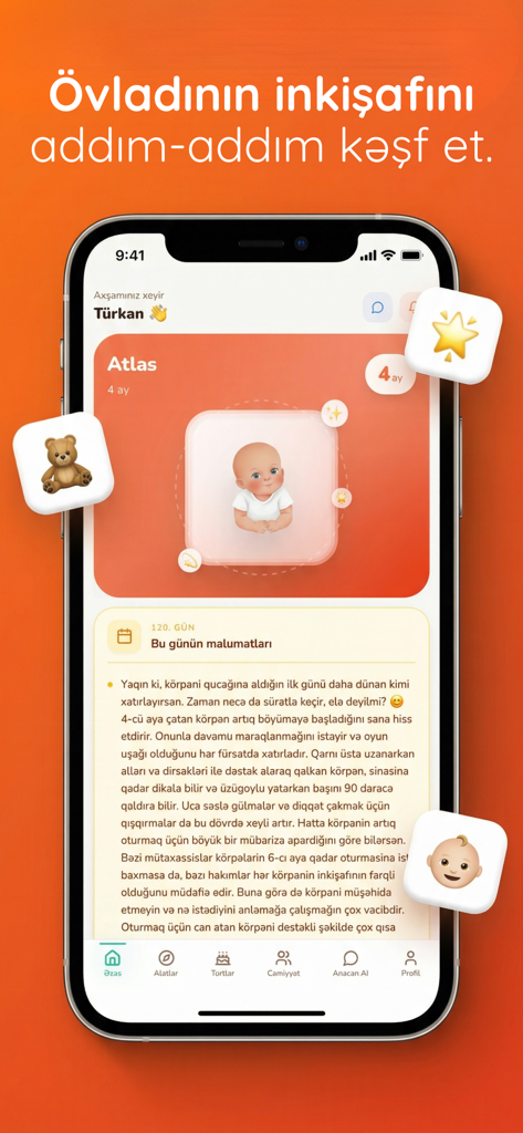 Anacan - Interfaz de la aplicación Anacan que muestra los hitos del desarrollo del bebé y consejos diarios en azerbaiyano.