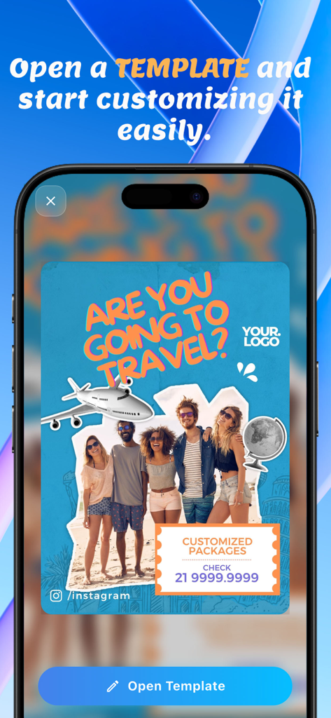 Canvas Template & Design Maker - Smartphone mostrando una colorida plantilla de redes sociales de viajes lista para editar en la aplicación Canvas Design Maker