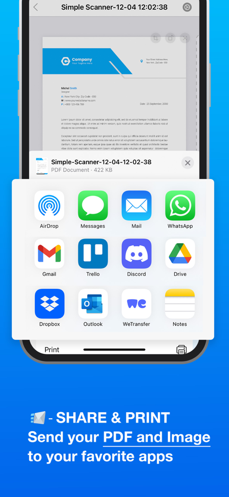 Simple Scanner: Fast Converter - Mobile screen showing the share and print menu to send PDF and image files to various productivity apps
