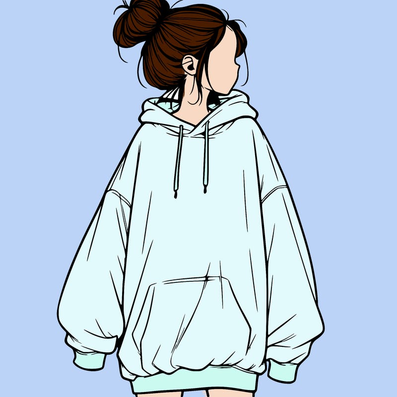 realistic girl with a oversized sweatshirt on and a bun