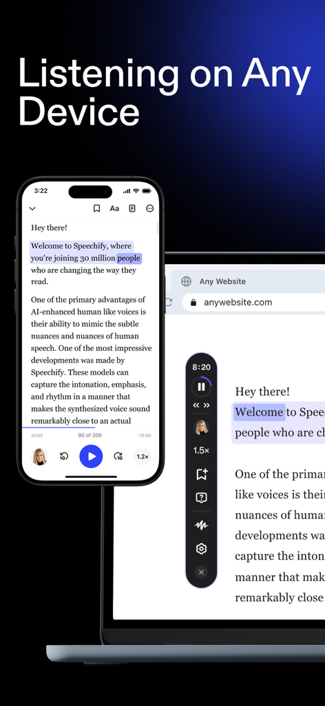 App Text to Speech di Speechify sincronizzata su un iPhone e un laptop che mostra l'ascolto multipiattaforma