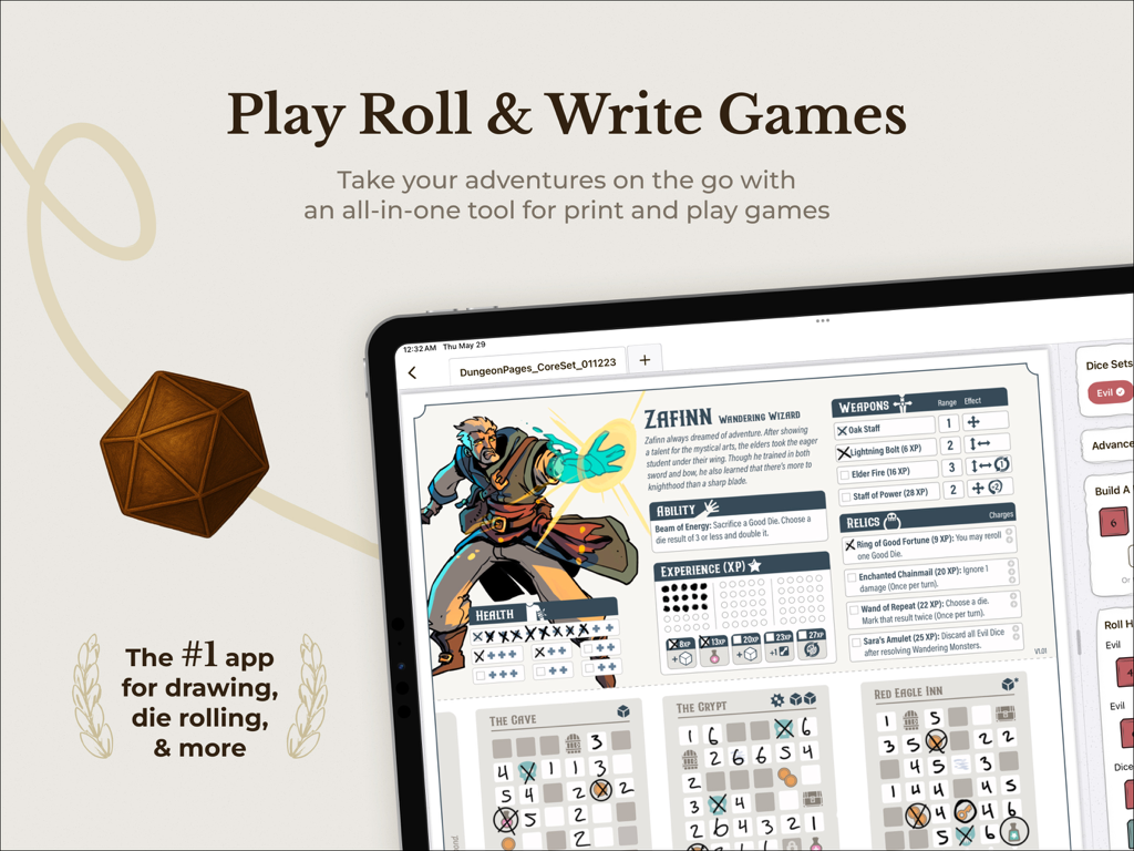Roll N' Write app on iPad displaying a digital character sheet for a tabletop RPG with handwritten notes and maps