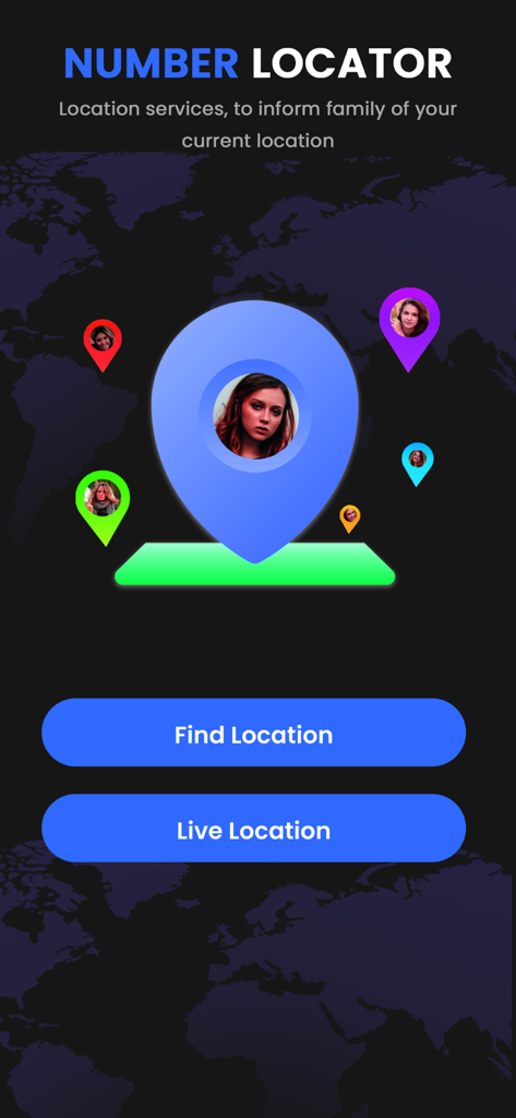 Mobile Number Trackers - 世界地図上にプロファイル位置ピンとライブ位置の検索および共有ボタンを表示するNumber Locatorアプリのインターフェース。