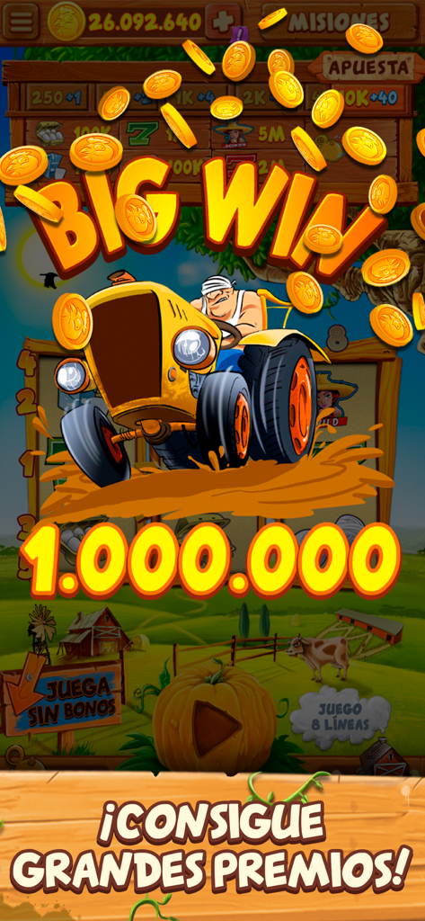 La Granja - Tragaperras Bar - A big win screen in the La Granja slot game showing a tractor and one million coins.