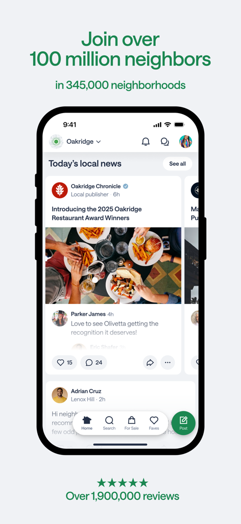 Nextdoor app interface showing local news and community updates on a mobile phone