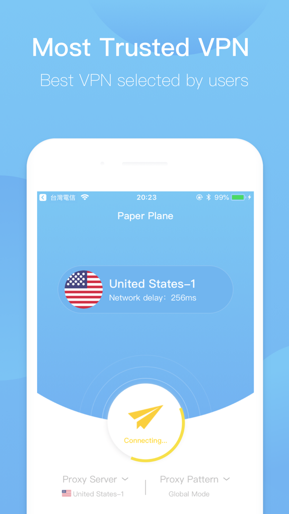 Paper Plane Safety VPN mobile app interface showing connection to a United States server