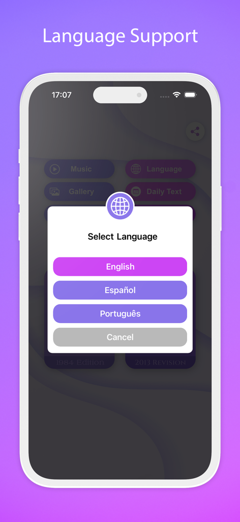 Jehovah’s Witnesses NWT Bible - Bildschirm zur Sprachauswahl in der NWÜ Bibel-App mit englischen, spanischen und portugiesischen Optionen
