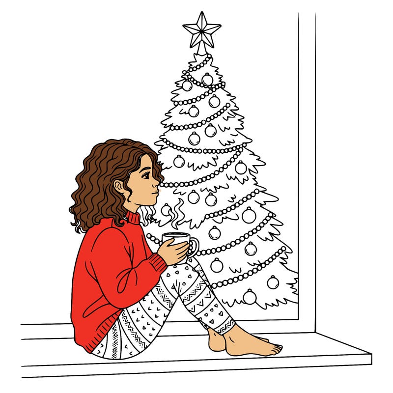 a girl sitting in the window with a cofee and behind she is a chrismas tree
