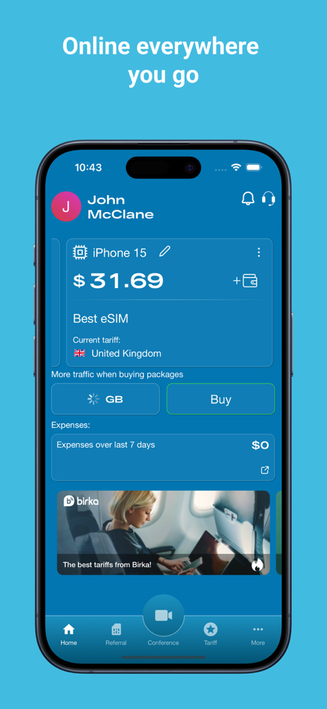 Birka Global eSIM Hub - Smartphone display of the Birka Global eSIM Hub app showing a travel data plan for the United Kingdom.