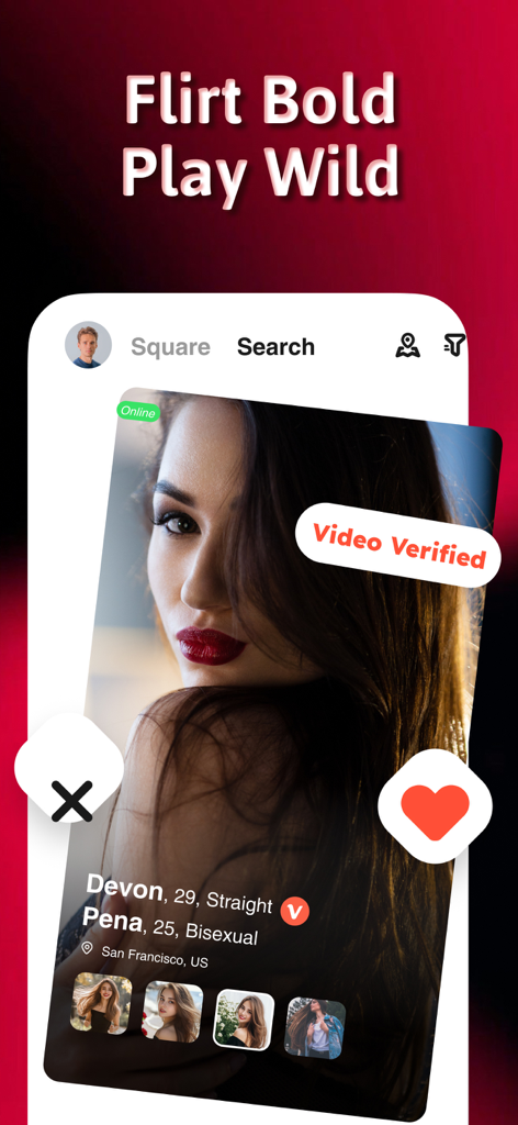 3rder dating app interface showing a video verified profile card for couples and singles
