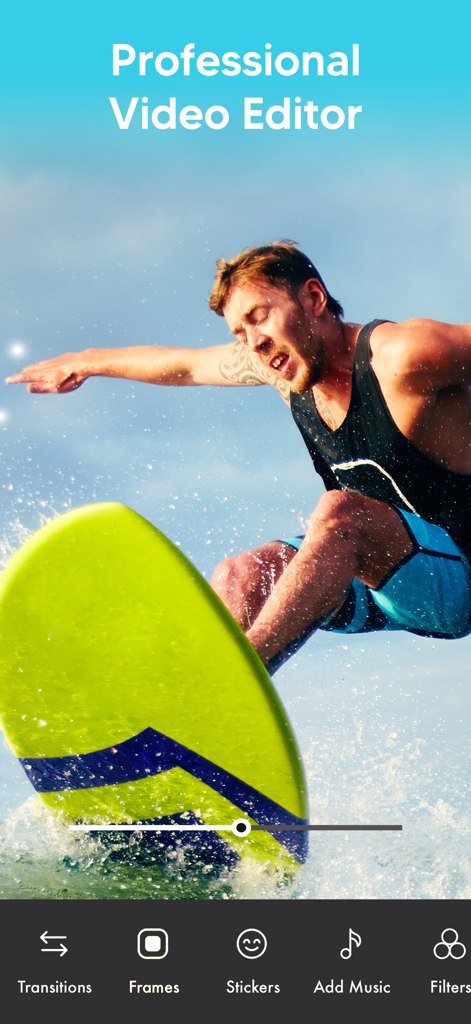 Photo Video Maker - With Song - Professional video editor interface showing a man surfing with tools for transitions, frames, and music.