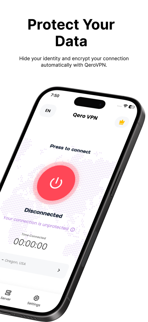 Tela do aplicativo Qero VPN com um botão de conexão de um toque para proteger os dados e a privacidade do usuário.