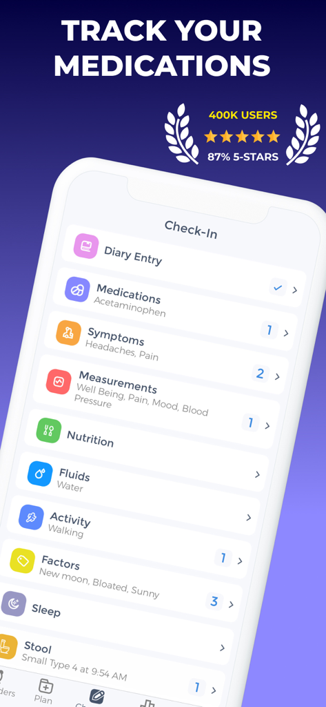 Pill Reminder & Tracker App - Check-in screen of the Pill Reminder and Tracker app displaying options to log medications, symptoms, and vital signs.