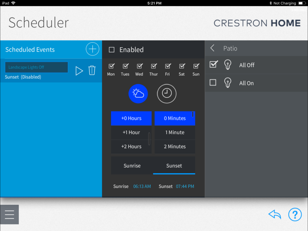 Crestron Home Setup - Crestron Home Setup professional interface for scheduling smart home automation events on an iPad