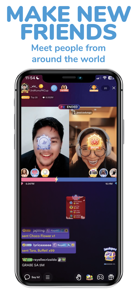Mobile phone screen displaying a live split-screen video chat on the Kumu app with virtual gifts and user comments.