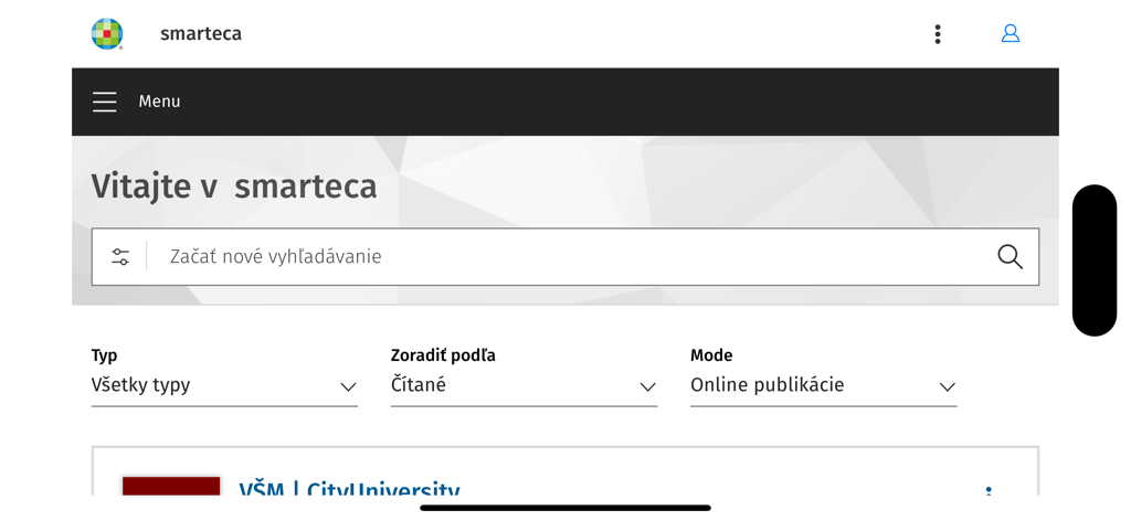 Search screen of the Smarteca SK professional eReader app showing a search bar and library filters