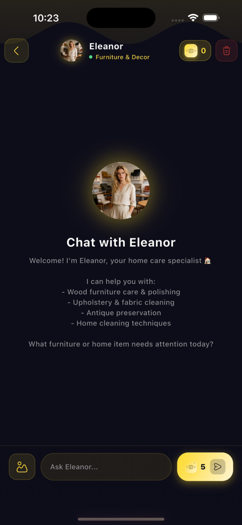 Chat-Oberfläche mit Eleanor, einer Expertin für Möbel und Einrichtung, in der Zooka KI App