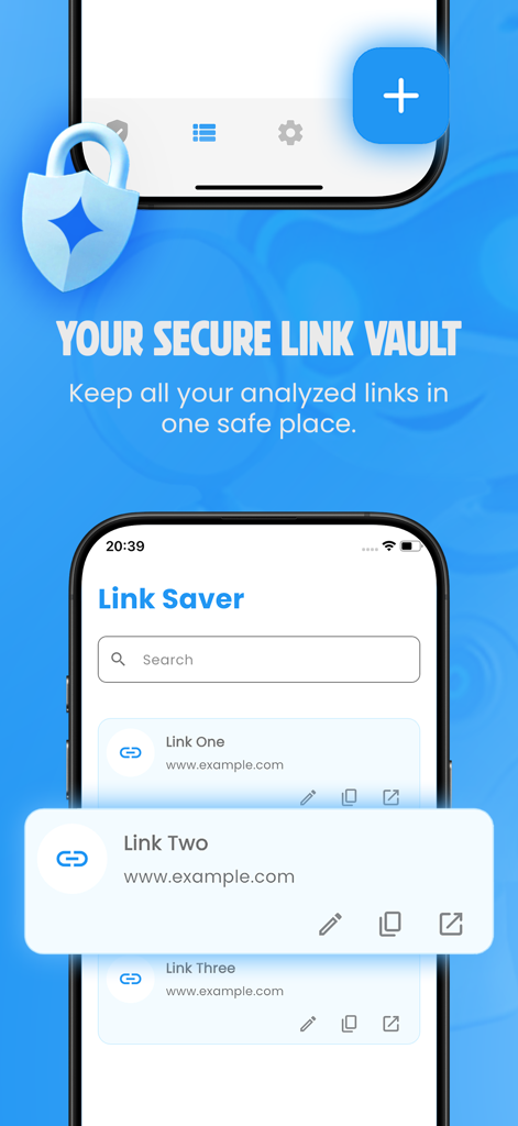 AI Link Checker and Saver app interface showing a list of saved and secured links in a digital vault