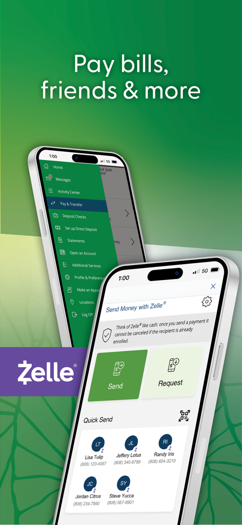 American Savings Bank Hawaii mobile app interface for paying bills and sending money using Zelle