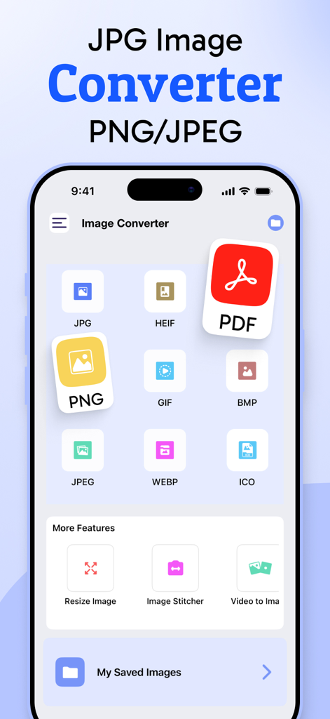 PNGやPDFなどの画像フォーマット変換アイコンが表示されたJPG画像変換アプリのホーム画面