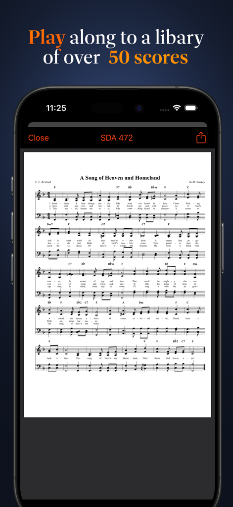 Advent Hymnal - Advent Hymnal app displaying digital sheet music and chords for hymn SDA 472