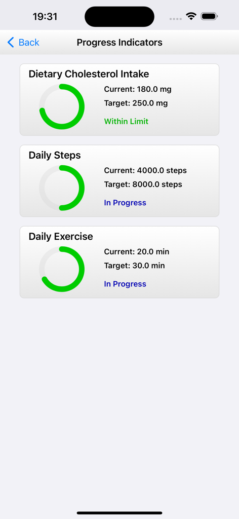 BCMon Pro - BCMon Pro App-Bildschirm mit Fortschrittsdiagrammen für Cholesterinaufnahme, Schritte und Training