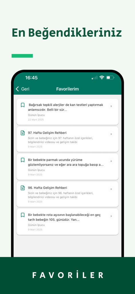 Babysfer | Bebek & Hamilelik - Babysfer app favorites screen showing saved parenting tips and baby development guides in Turkish