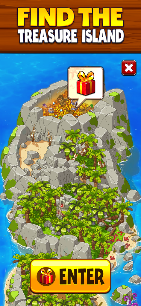 Prize Blast - Uma ilha de tesouro pirata com moedas de ouro e uma caixa de presente como recompensa no jogo mobile Prize Blast