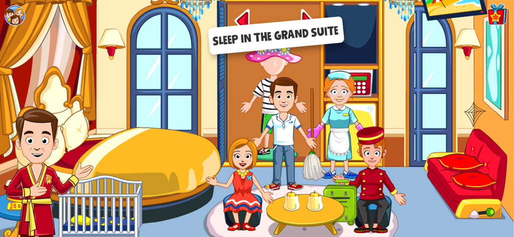 My Town Hotel - Vacation Story - Eine Gruppe von Figuren, darunter eine Familie und Hotelpersonal, in einer luxuriösen Grand Suite aus My Town Hotel Vacation Story