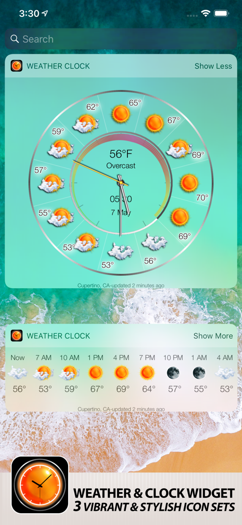 Weather Clock Widget - Weather Clock Widget showing hourly forecast with circular analog clock and horizontal list on iPhone